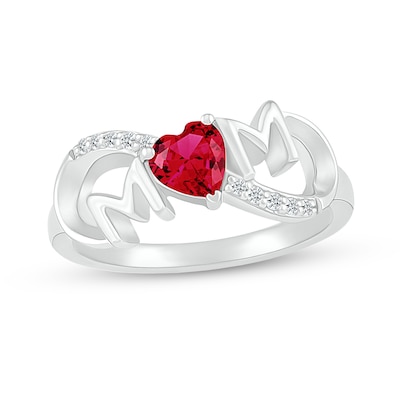 5.0mm Heart-Shaped Lab-Created Ruby and White Lab-Created Sapphire "MOM" Infinity Ring in Sterling Silver