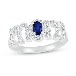 Oval Blue and White Lab-Created Sapphire &quot;MOM&quot; Ring in 10K White Gold