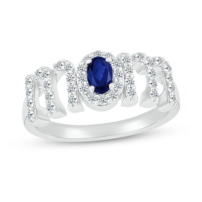 Oval Blue and White Lab-Created Sapphire "MOM" Ring in 10K White Gold