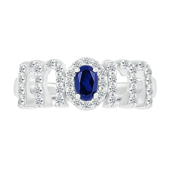 Oval Blue and White Lab-Created Sapphire "MOM" Ring in 10K White Gold