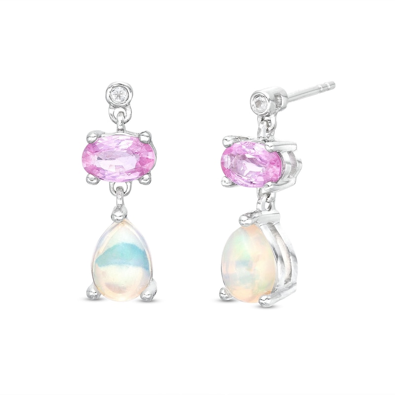 Pear-Shaped Opal, Oval Pink Sapphire and White Topaz Dangle Drop Earrings in Sterling Silver|Peoples Jewellers