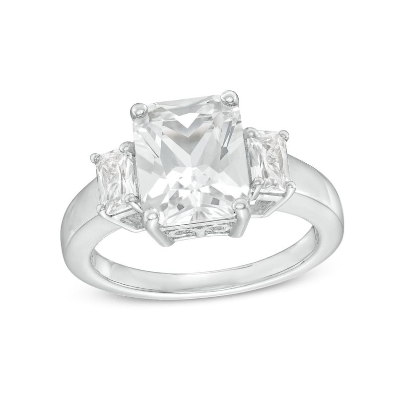 Emerald-Cut White Lab-Created Sapphire Three Stone Ring in Sterling Silver|Peoples Jewellers