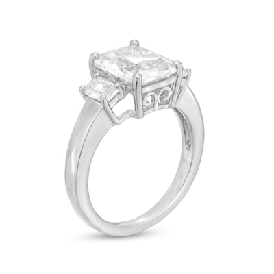 Emerald-Cut White Lab-Created Sapphire Three Stone Ring in Sterling Silver