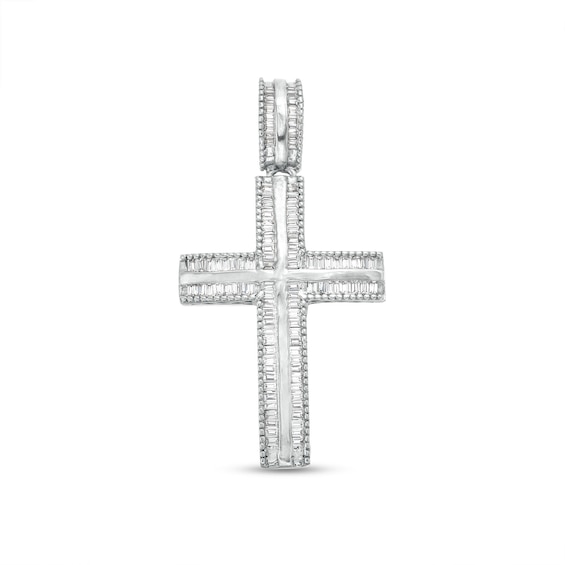 Men's 0.45 CT. T.W. Baguette Diamond Textured Edge Cross Charm in 10K White Gold