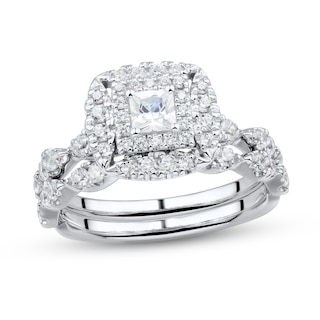 0.95 CT. T.W. Princess-Cut Diamond Double Frame Marquise Bridal Set in 14K White Gold (I/I2)