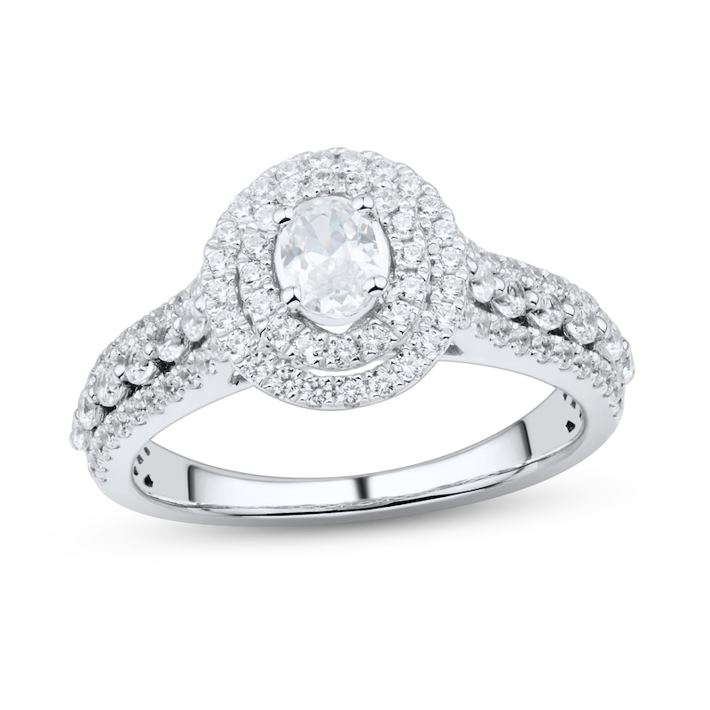 0.95 CT. T.W. Oval Diamond Double Frame Engagement Ring in 14K White Gold (I/I2)