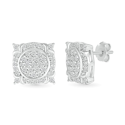 Men's 0.45 CT. T.W. Multi-Diamond Frame Ornate Four-Corner Accent Stud Earrings in Sterling Silver