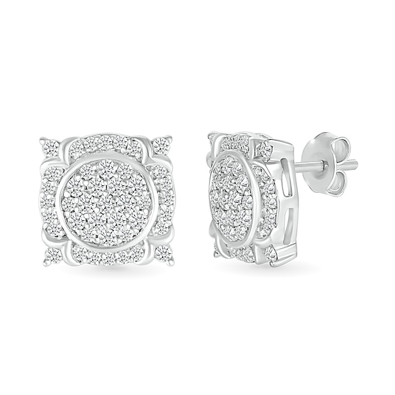 Men's 0.45 CT. T.W. Multi-Diamond Frame Ornate Four-Corner Accent Stud Earrings in Sterling Silver