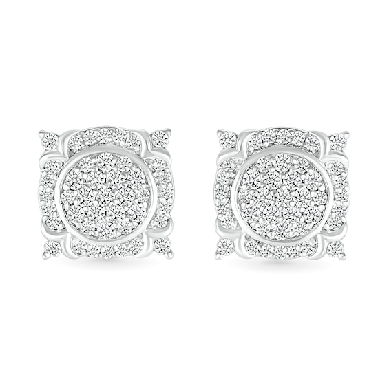 Men's 0.45 CT. T.W. Multi-Diamond Frame Ornate Four-Corner Accent Stud Earrings in Sterling Silver