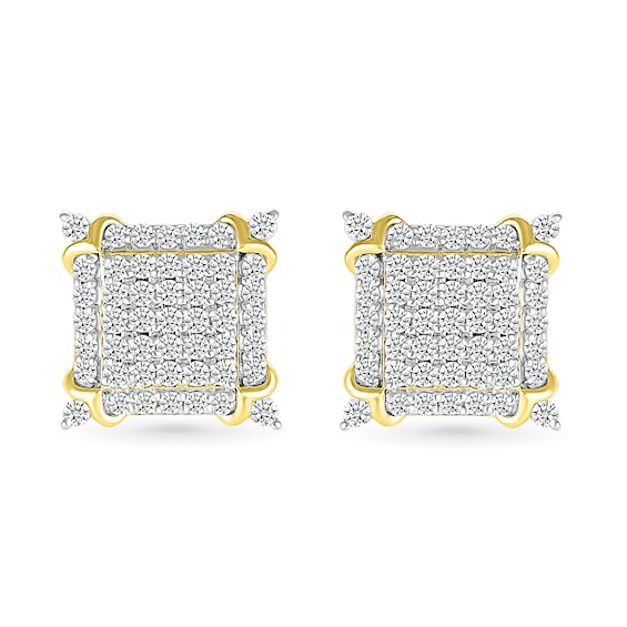 Men's 0.95 CT. T.W. Square-Shaped Multi-Diamond Frame Ornate Four-Corner Accent Stud Earrings in 10K Gold