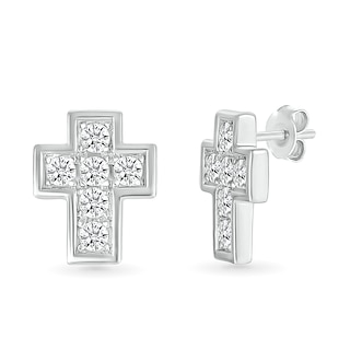 Men's 0.45 CT. T.W. Diamond Mini Cross Stud Earrings in 10K White Gold