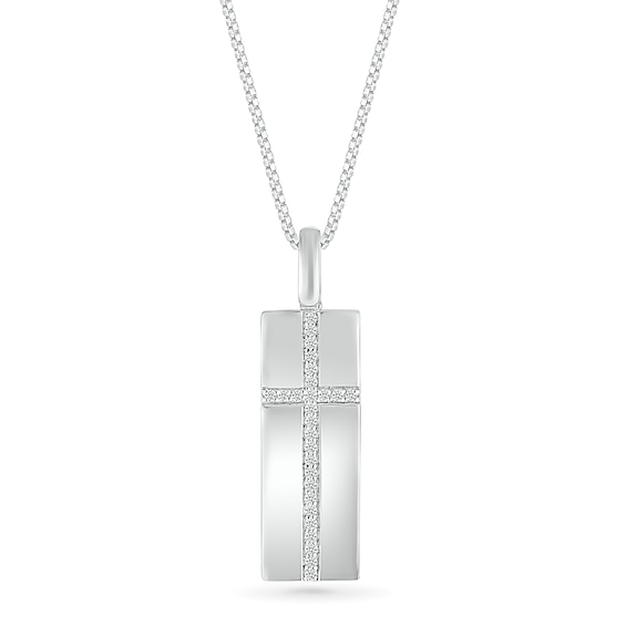 Men's 0.18 CT. T.W. Diamond Cross Narrow Dog Tag Pendant in Sterling Silver - 22"