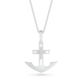 Men's 0.085 CT. T.W. Diamond Mini Cross Anchor Pendant in Sterling Silver - 22"