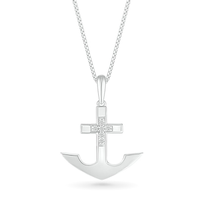 Men's 0.085 CT. T.W. Diamond Mini Cross Anchor Pendant in Sterling Silver - 22"