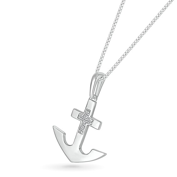 Men's 0.085 CT. T.W. Diamond Mini Cross Anchor Pendant in Sterling Silver - 22"