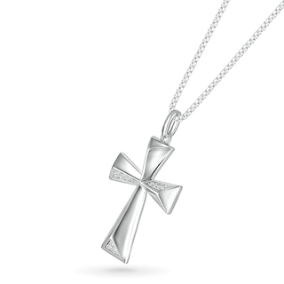 Men's 0.115 CT. T.W. Diamond Three-Dimensional Pyramid-Style Flared Cross Pendant in 10K White Gold - 22"