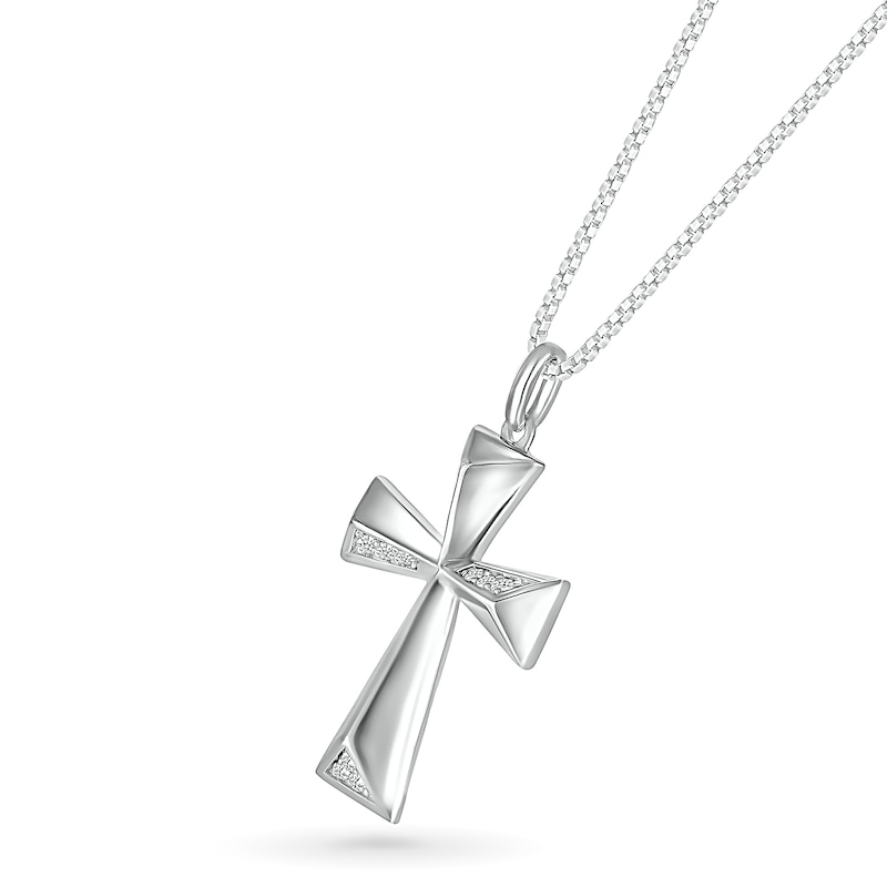 Men's 0.115 CT. T.W. Diamond Three-Dimensional Pyramid-Style Flared Cross Pendant in 10K White Gold - 22"