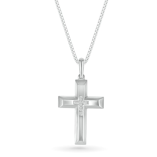 Men's 0.04 CT. T.W. Diamond Inlay Three-Dimensional Double Cross Pendant in 10K White Gold - 22"