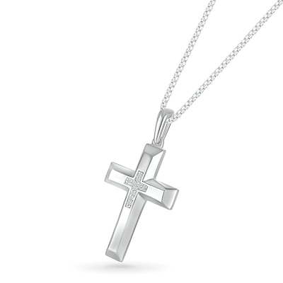 Men's 0.04 CT. T.W. Diamond Inlay Three-Dimensional Double Cross Pendant in 10K White Gold - 22"