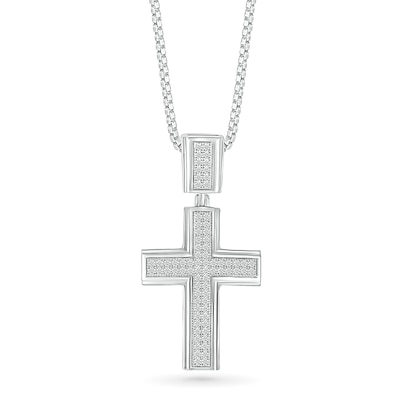 Men's 0.29 CT. T.W. Diamond Double Row Layered Cross Drop Pendant in 10K White Gold - 22"