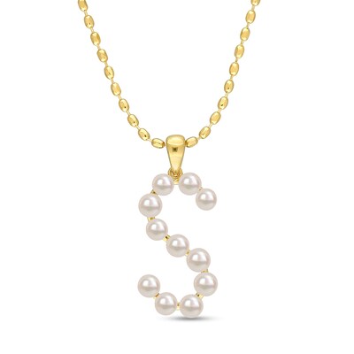 3.5-4.0mm Button Freshwater Cultured Pearl "S" Initial Drop Pendant in Sterling Silver with Gold-Tone Flash Plate