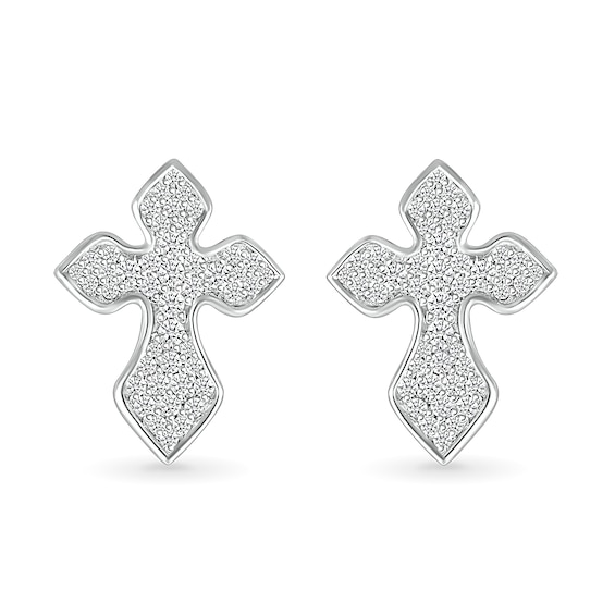 Men's 0.29 CT. T.W. Diamond Gothic-Style Cross Stud Earrings in 10K White Gold