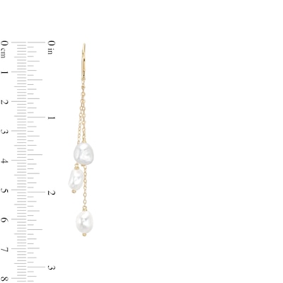 6.0-7.0mm Baroque Freshwater Cultured Pearl Triple Strand Drop Earrings in 10K Gold