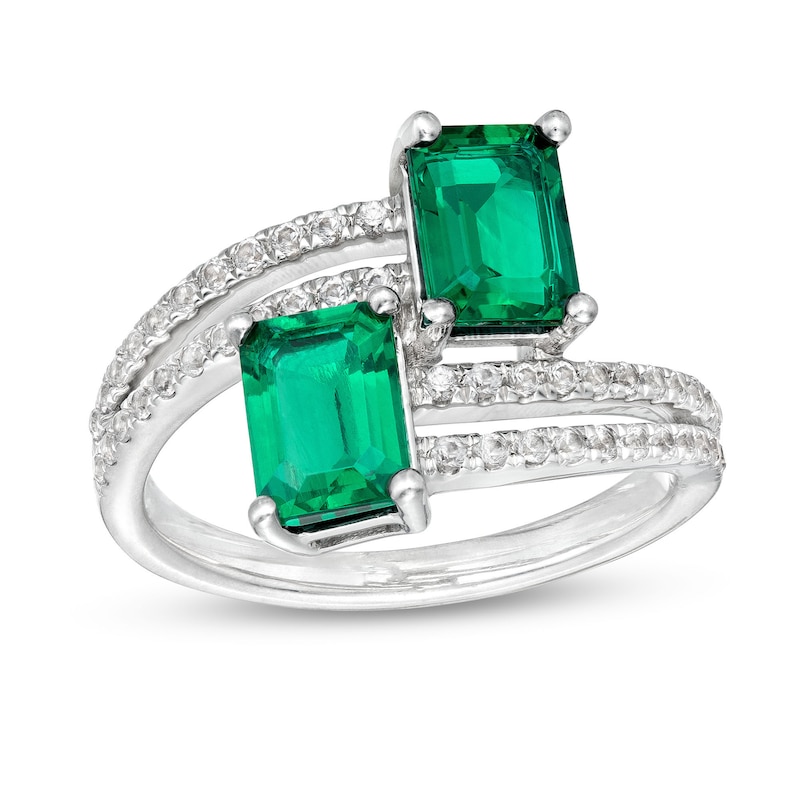 Emerald-Cut Lab-Created Emerald and White Lab-Created Sapphire Double Row Bypass Ring in Sterling Silver|Peoples Jewellers