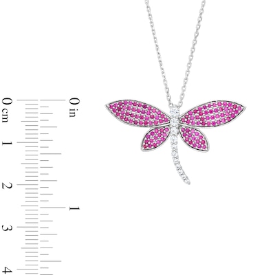 Lab-Created Ruby and White Lab-Created Sapphire Dragonfly Pendant in Sterling Silver