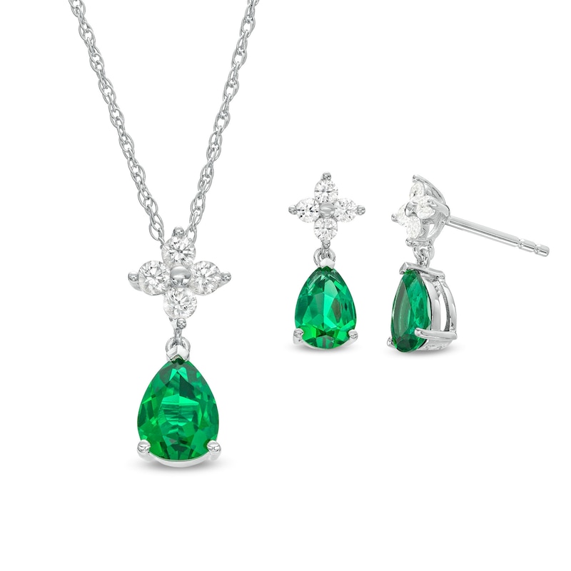 Pear-Shaped Lab-Created Emerald and Quad White Lab-Created Sapphire Drop Pendant and Earrings Set in Sterling Silver|Peoples Jewellers
