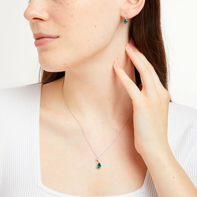 Pear-Shaped Lab-Created Emerald and Quad White Lab-Created Sapphire Drop Pendant and Earrings Set in Sterling Silver