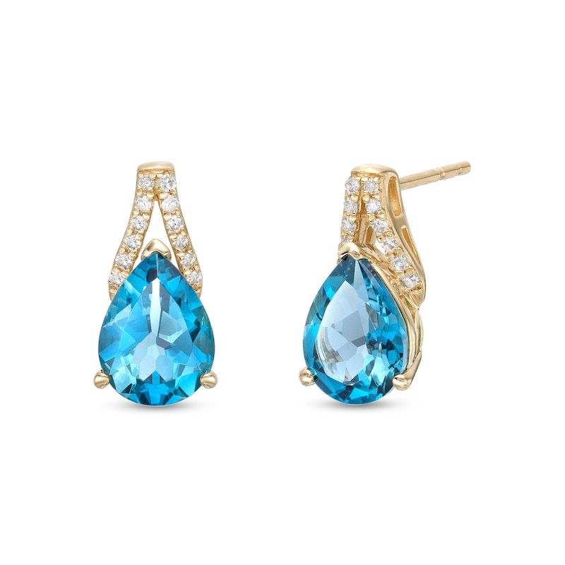 Pear-Shaped London Blue Topaz and 0.067 CT. T.W. Diamond "V" Drop Earrings in 10K Gold|Peoples Jewellers