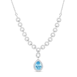 Pear-Shaped Swiss Blue Topaz and White Lab-Created Sapphire Link Drop Necklace in Sterling Silver - 19.25&quot;