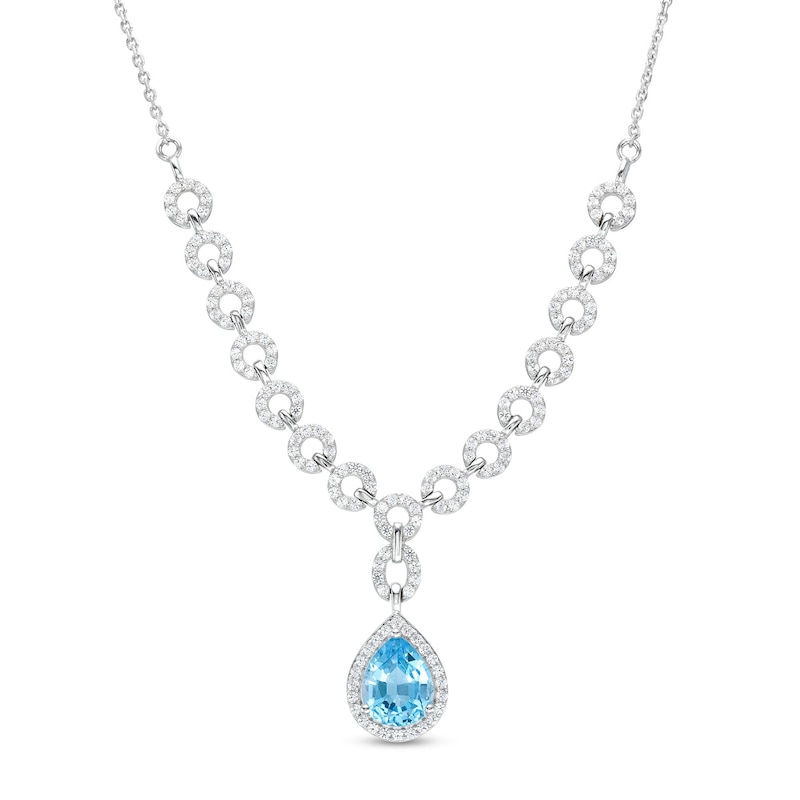 Pear-Shaped Swiss Blue Topaz and White Lab-Created Sapphire Link Drop Necklace in Sterling Silver - 19.25"