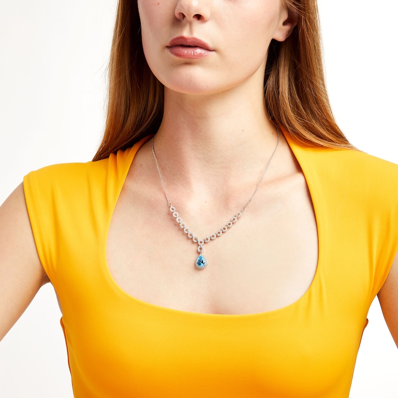 Pear-Shaped Swiss Blue Topaz and White Lab-Created Sapphire Link Drop Necklace in Sterling Silver - 19.25"|Peoples Jewellers