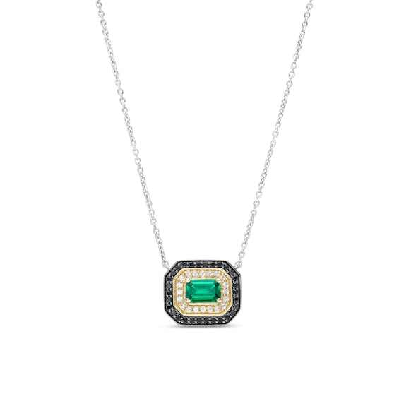 Lab-Created Emerald, Black Spinel and White Lab-Created Sapphire Octagon Frame Pendant in Sterling Silver and 10K Gold