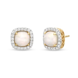 6.0mm Cushion-Cut Cabochon Opal and 0.18 CT. T.W. Diamond Frame Stud Earrings in 10K Gold