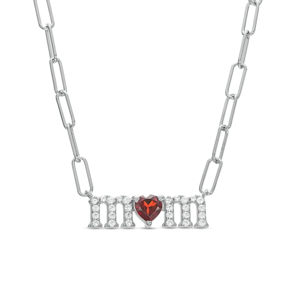 Heart-Shaped Garnet and White Lab-Created Sapphire "mom" Paper Clip Necklace in Sterling Silver