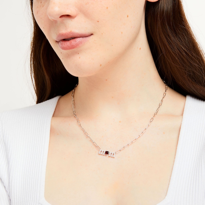 Heart-Shaped Garnet and White Lab-Created Sapphire "mom" Paper Clip Necklace in Sterling Silver|Peoples Jewellers
