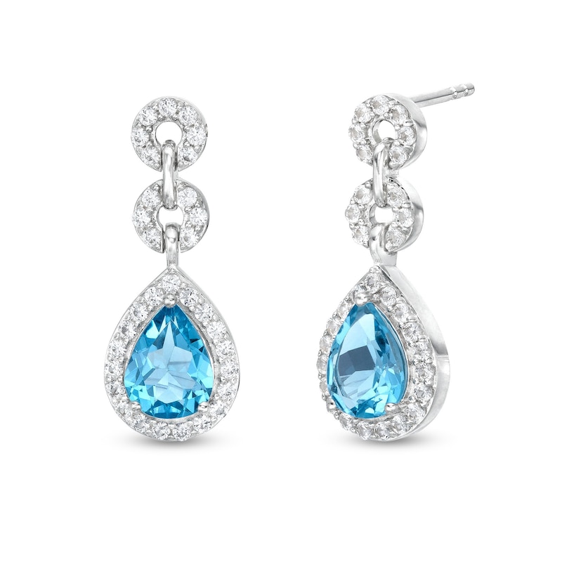 Pear-Shaped Swiss Blue Topaz and White Lab-Created Sapphire Link Drop Earrings in Sterling Silver|Peoples Jewellers