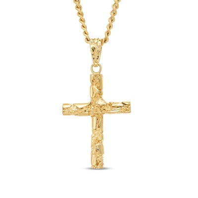 Men's Nugget Cross Pendant in Stainless Steel with Yellow Ion-Plate - 24"