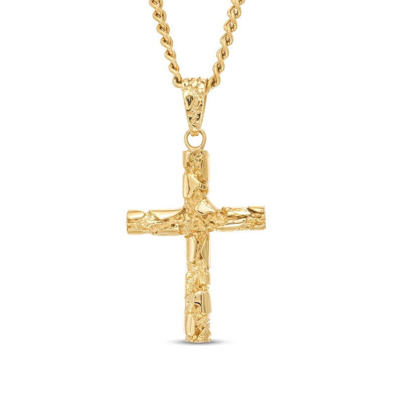 Men's Nugget Cross Pendant in Stainless Steel with Yellow Ion-Plate - 24"|Peoples Jewellers