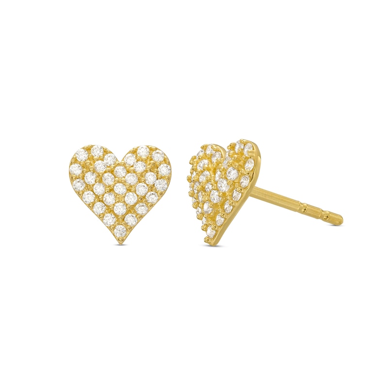 Cubic Zirconia Puffed Heart Stud Earrings in 10K Gold
