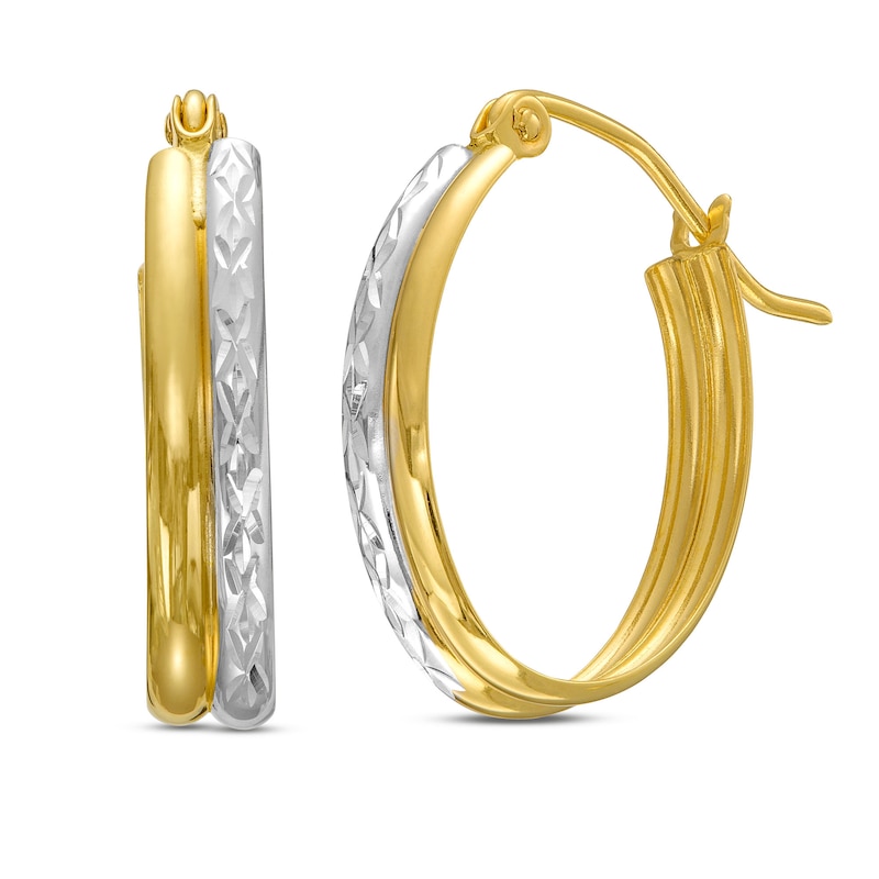 Diamond-Cut and Polished Double Row Hoop Earrings in Hollow 14K Two-Tone Gold