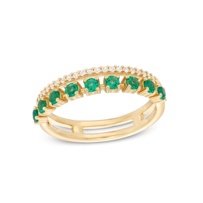 Lab-Created Emerald and White Lab-Created Sapphire Split Double Row Ring in 10K Gold