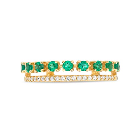 Lab-Created Emerald and White Lab-Created Sapphire Split Double Row Ring in 10K Gold