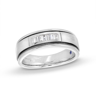 Men's Vera Wang Love Collection 0.23 CT. T.W. Baguette Diamond Deep Groove Wedding Band in 14K White Gold