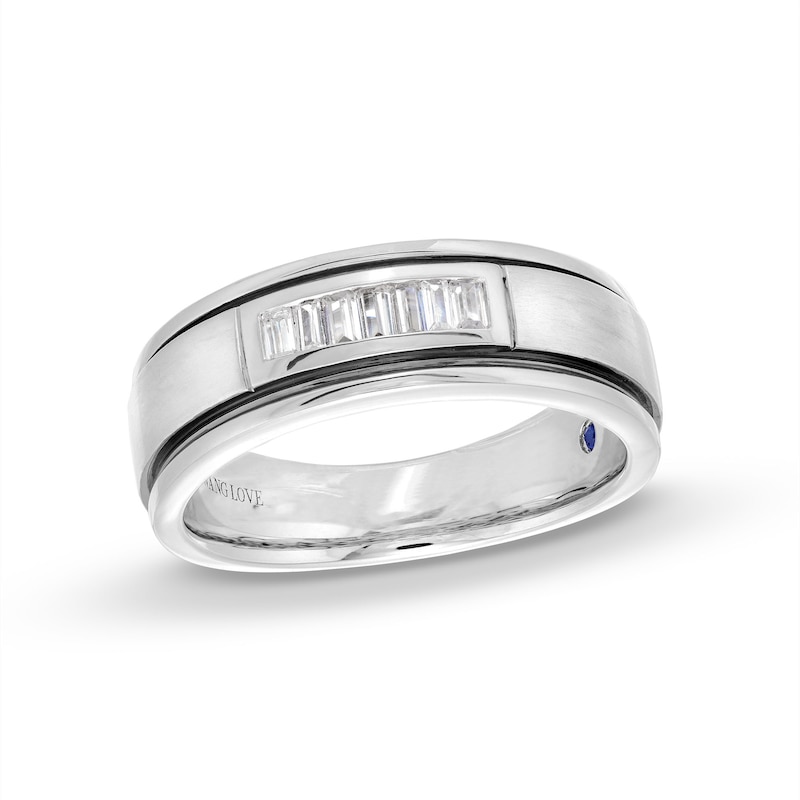 Men's Vera Wang Love Collection 0.23 CT. T.W. Baguette Diamond Deep Groove Wedding Band in 14K White Gold|Peoples Jewellers