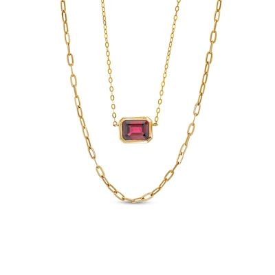 Sideways Emerald-Cut Rhodolite Garnet and Paper Clip Chain Double Strand Necklace in 10K Gold - 17"