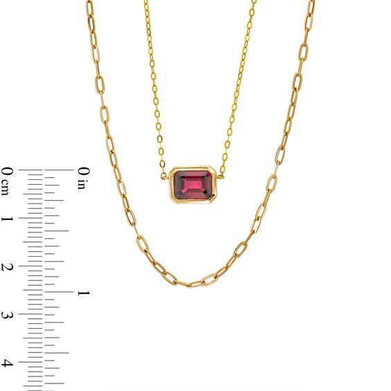 Sideways Emerald-Cut Rhodolite Garnet and Paper Clip Chain Double Strand Necklace in 10K Gold - 17"